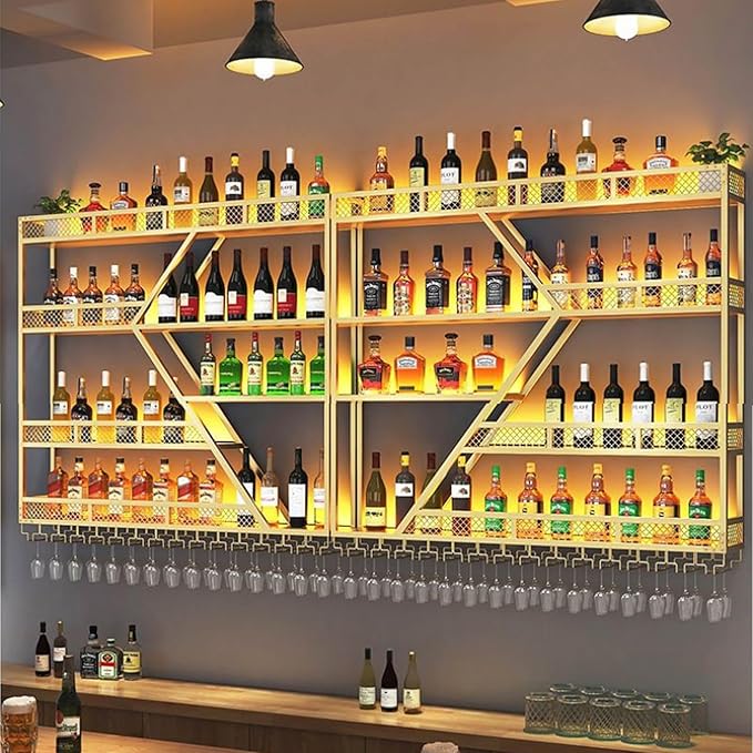 Wall Mounted Wine Rack, Large Metal Wine Bottle Holder, Modern Fashion Diamond Shaped Floating Bar Unit Wine Storage Shelves, for Home Restaurant Bars Decor (Gold, 4 Tier - 79in)