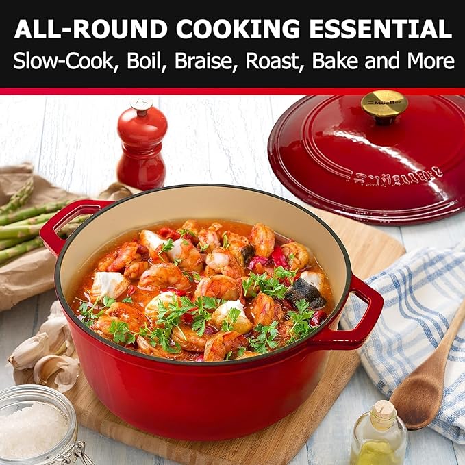 MUELLER HOME 4.5 QT Enameled Cast Iron Dutch Oven, Heavy-Duty Casserole Dish and Braiser Pan with Lid and Stainless Knob, Oven-Safe up to 500째 F & Across All Cooktops, Red