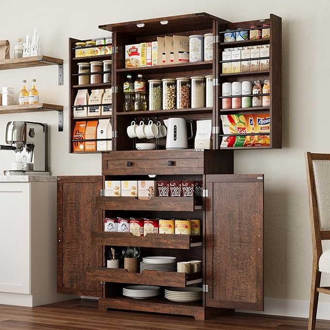 ELYKEN 72" Kitchen Pantry Storage Cabinet with Barn Doors, Pull Out Shelves & Drawer Organizer, Farmhouse Tall Kitchen Cupboard Cabinet, Wood Food Pantry for Kitchen Dining Room, Rustic Brown