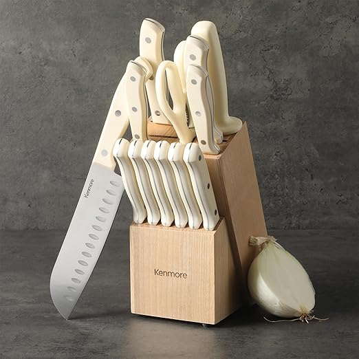 Kenmore Kane 14-Piece Stainless Steel Kitchen Knife Block Set ??Triple Rivet ABS Handles, Cream White ??Chef, Bread, Utility, Paring, Steak Knives & Kitchen Shears in Wood Storage Block