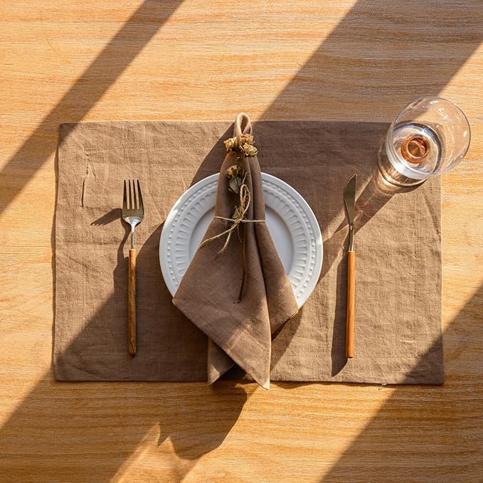 KNOKNO Home Pure Hemp Placemats 18 x 12 Inch Set of 4 Handcrafted with Mitered Corners Natural Fabric,Machine Washable Table Mats for Dining Tables (Chocolate Brown, Placemats | Set of 4)