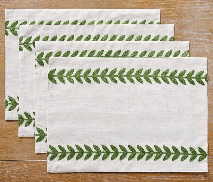 Wracra Embroidered Placemats, 13 x 18 Inch Set of 4 Placemats, Irregular Willow Rustic Place Mats for Kitchen Table and Heat Resistant, Green 4PCS
