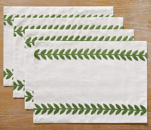 Wracra Embroidered Placemats, 13 x 18 Inch Set of 4 Placemats, Irregular Willow Rustic Place Mats for Kitchen Table and Heat Resistant, Green 4PCS