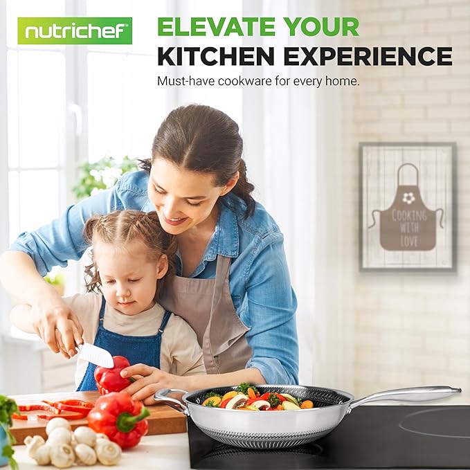 NutriChef 7-Piece Tri-Ply Stainless Steel Frying Pan Set & Wok ??Nonstick, Induction Compatible, Oven Safe, Scratch-Resistant, Dishwasher Safe