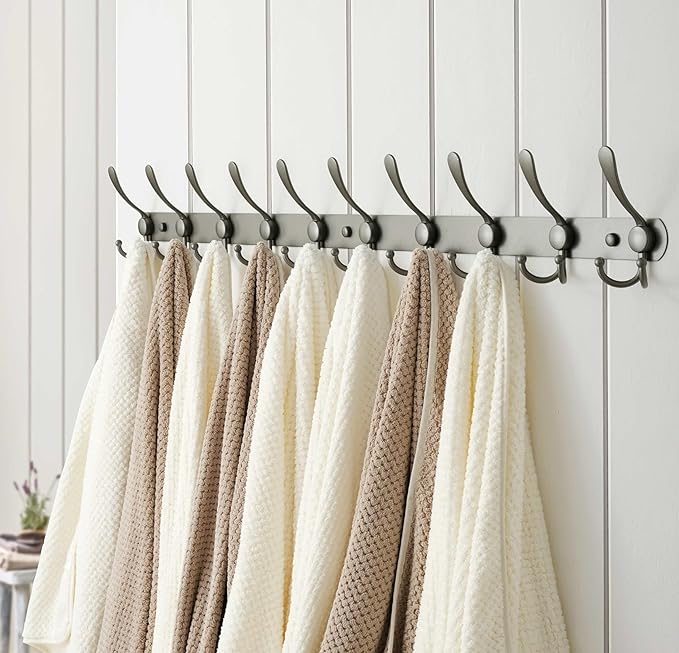 Dseap Coat Rack Wall Mount - 38??Long 10-Tri-Hooks Heavy Duty Coat Hanger Rail Wall Hooks for Hanging Coats Hats Clothing Clothes Purse Mudroom Entryway, Gray