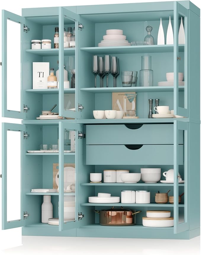 Palace Imports 100% Solid Wood 48.5" Pantry China Cabinet with Clear Glass Doors, 2-Drawers and Adjustable Shelves (Aqua)