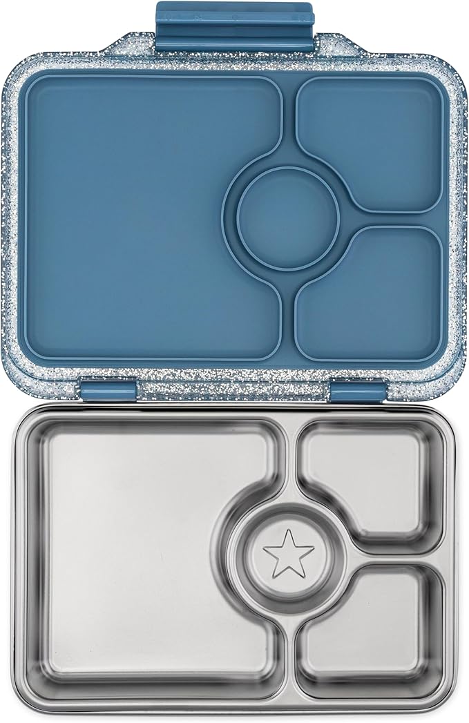 Yumbox Pr챗t Stainless Steel Leakproof Bento Lunch Box ??3-Compartment, Sandwich-Friendly Tray for Kids & Adults, Reusable, BPA-Free, Easy Open Latch (Paris Blue Glitter)