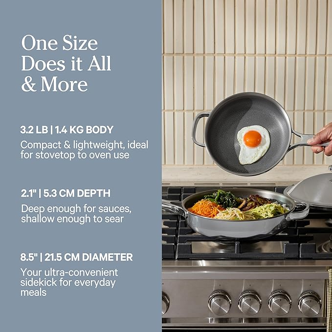 Our Place Mini Titanium Always Pan Pro | 8.5" PFAS-Free Nonstick Frying Pan with Spatula | Chef-Grade Tri-Ply Stainless Steel & Aluminum Build | Induction & Oven-Safe up to 1000째F | Chrome