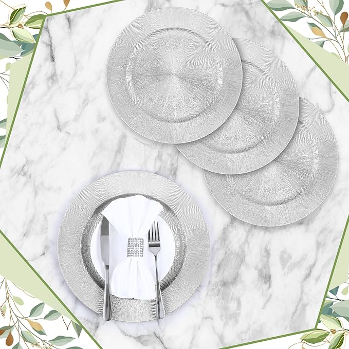 Tanlade 50 Pcs Silver Charger Plates Bulk, 13" Round Plastic Dinner Charger Plate, Shiny Silver Table Chargers Serving Plates Catering Tabletop for Thanksgiving Halloween Christmas Wedding Party Decor