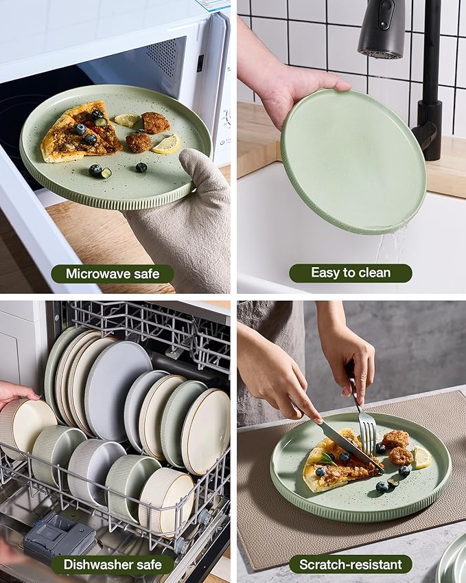 Famiware Star Dinnerware Set, Plates and Bowls Sets for 6 (18pcs), Ribbed Stoneware Dishes - Chip & Scratch Resistant, Microwave & Dishwasher Safe Kitchenware, Matte Sage Green