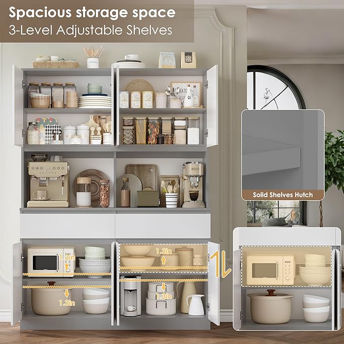 Keyluv 75" H LED Kitchen Pantry Cabinet with Doors, Large Kitchen Hutch Storage Cabinet with Drawers and Lights, Food Pantry with Microwave Stand and Coffee Bar, Adjustable Shelves, White/Gray
