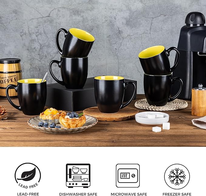 GBhome 16oz Coffee Mugs Set of 6, Large Ceramic Coffee Mugs for Man, Woman, Dad, Mom, Modern Coffee Mugs Set with handle for Tea/Latte/Cappuccino/Milk/Cocoa. Dishwasher&Microwave Safe,Yellow