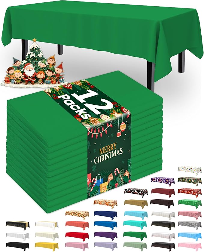 Pureegg Plastic Table Cloth Disposable 12 Pack, 54 x 108 Inch Table Cloths, St Patricks Day, Christmas Decorations, Tablecloths, Rectangle, Forest, Emerald, Plastic Cover, Leakproof & Sturdy, Green