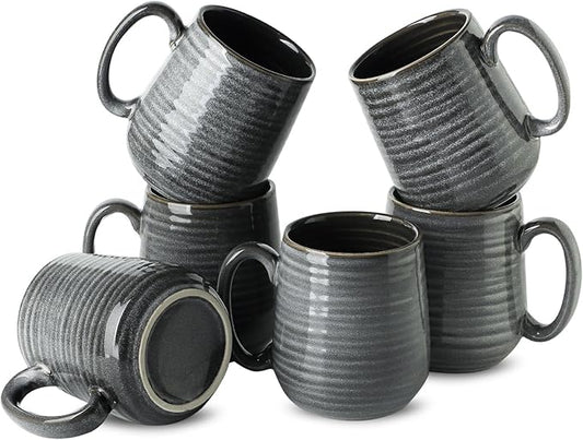 HASENSE Ceramic Coffee Mugs Set of 6, Large Coffee Cups 12 oz, Latte Mug with Large Handle for Coffee, Tea, Milk and Hot Cocoa, Easy Hold & Clean, Dishwasher & Microwave Safe, Grey