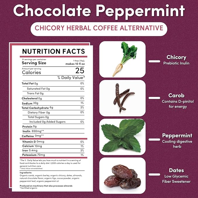 Teeccino Chicory Coffee Alternative ??Chocolate Mint ??Ground Herbal Coffee That?™s Prebiotic, Caffeine Free & Acid Free, Light Roast, 11 Ounce