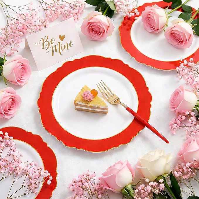 WDF 60pcs Red Christmas Plastic Plates with Gold Rim - 10.25inch Red Dinner Plates Disposable Plates Table Decor for Valentine's Day