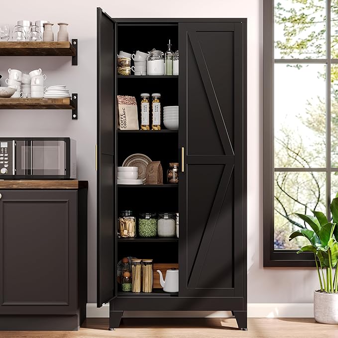 71" H Black Pantry Kitchen Cabinet with Doors,Black Metal Storage Cabinets,Freestanding Pantry Cabinet,Farmhouse Food Storage Cabinets,Tall and Large Pantry Cabinets for Kitchen, Dining Room