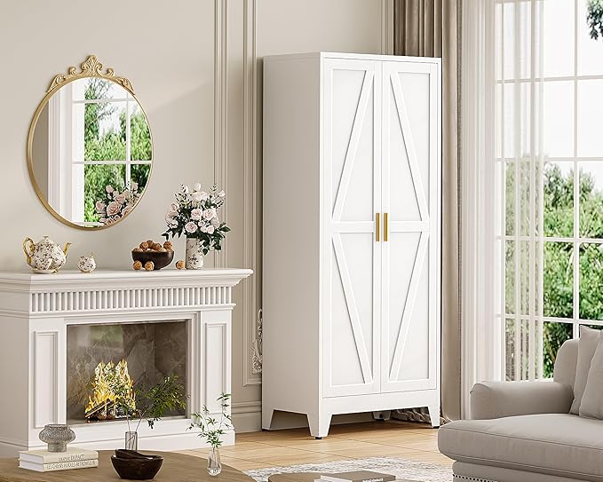 71" H Metal Storage Cabinet,White Pantry Cabinets with Doors and Shelves,Tall Food Kitchen Cabinets,Farmhouse Kitchen Cabinet,Freestanding Cabinet