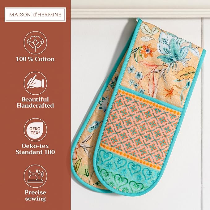 Maison d' Hermine Double Oven Mitts 100% Cotton 7"x35" Double Oven Mitt Heat Resistant BBQ Cooking Gloves with Loop, Baking, Grilling, Kitchen, Handling Hot Pans Spring Summer (Luxury Loft ??Peach)