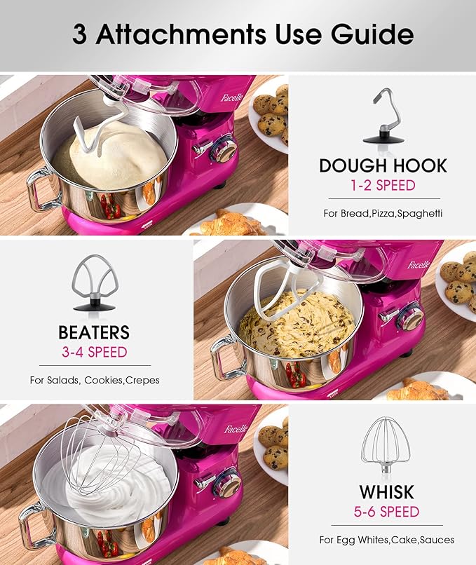 Facelle Stand Mixer, Electric Kitchen Mixer, 660W 6 Speed Tilt-Head stand mixer with Pulse, Attachments include 6.5QT Bowl, Dishwasher Safe Beater,Dough Hook,Whisk for Dough,Baking,Cakes,Cookie-Purple