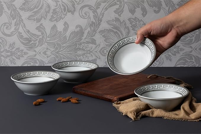 48 Piece Porcelain Dinnerware Sets for 12 ??Plates and Bowls ??White with Silver Greek Key Design Dish Set for Kitchen Table, Everyday Dining or Formal Occasions (Meander Silver)