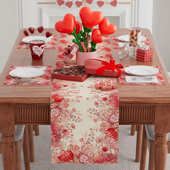 XCHI Wild Flowers Love Hearts Valentine?셲 Day Table Runner Table Decoration for Party Home Kitchen Dining Holiday Decor 13x120 Inch