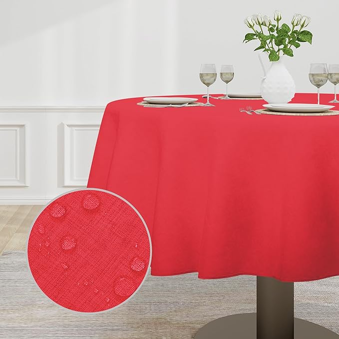 Easy-Going Faux Linen Waterproof Spill-Proof Tablecloth Stain Resistant Round Table Cloth Wrinkle Free Decorative Fabric for Kitchen, Dining, Party, Weddings, Restaurants (70 in-Round, Red)