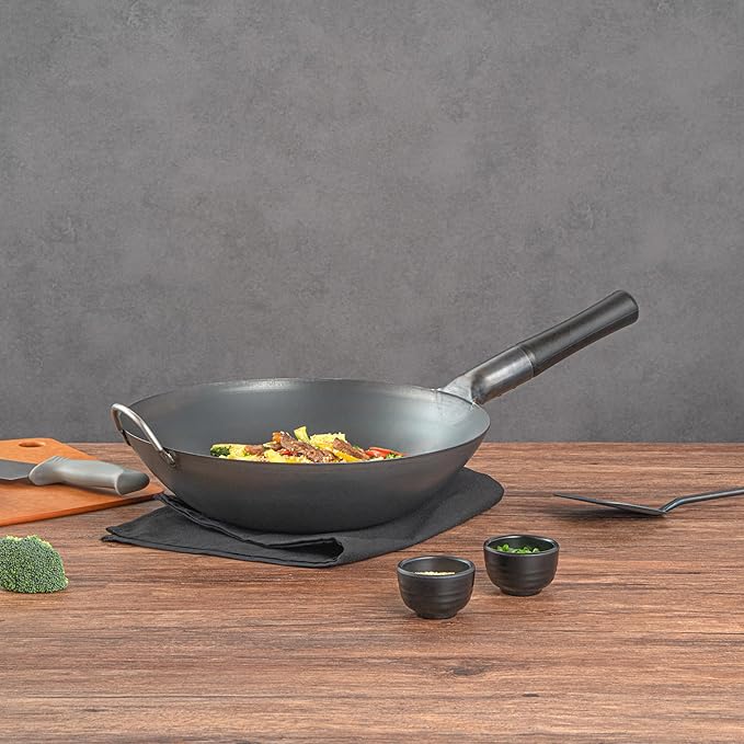 Restaurantware Carbon Steel Wok 10 Pack of 13.3 Inch Heavy-Duty Uniform Heat Distribution Pan Induction Compatible Flat Bottom Wok Welded Handle Black For Gas Stovetops And Grills