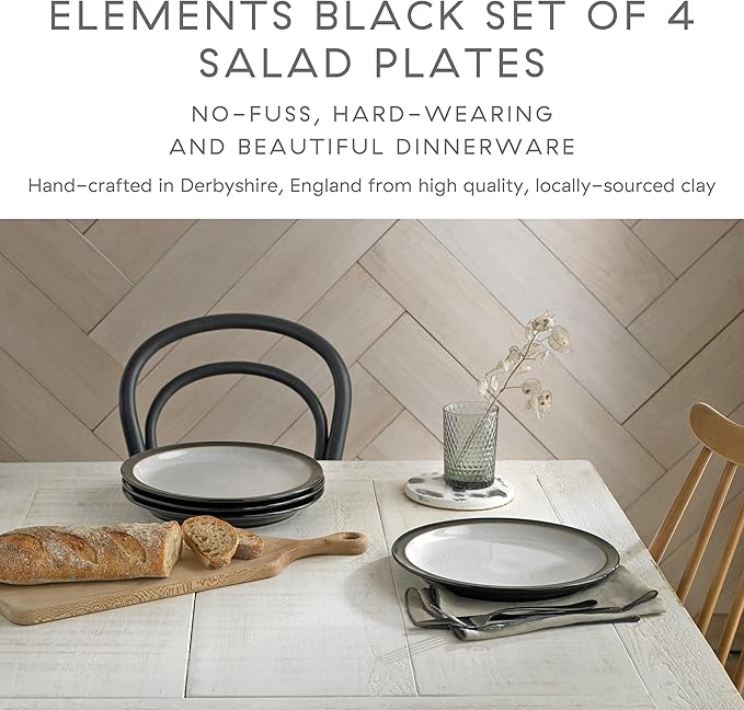 Denby - Elements Black Medium Plates Set of 4 - Contemporary Design with Black Detail - Ceramic Stoneware Tableware - Dishwasher & Microwave Safe - 8.6in Scratch Resistant Everyday Lunch, Salad Plates