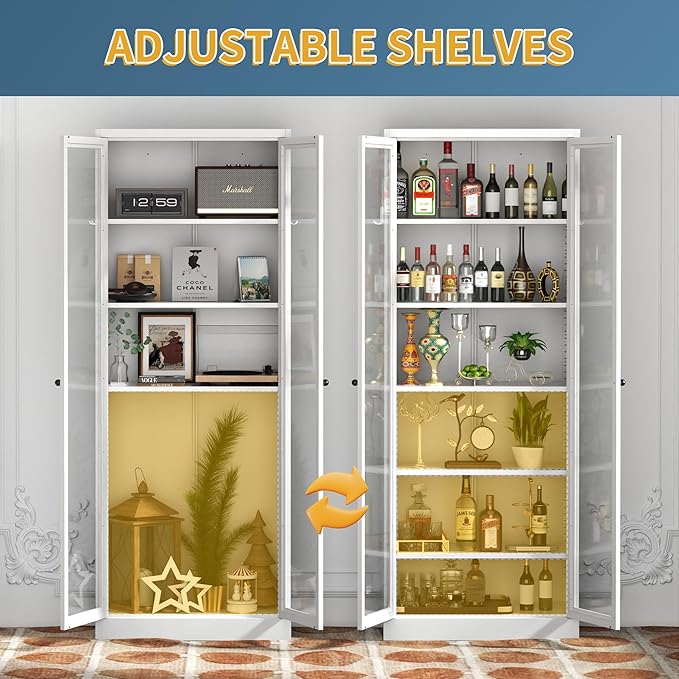 Kitchen Pantry Cabinet, 72" H Storage Cabinet with Glass Doors and Adjustable Shelves, Metal Bathroom Cabinets, Freestanding Cupboard for Kitchen, Living Room, Assembly Required, White