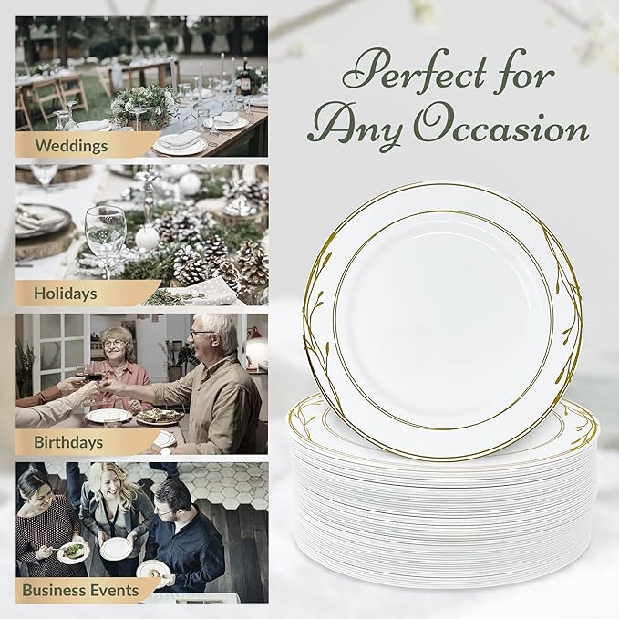 Reli. Disposable Plastic Plates, White & Gold Rim (110 Pcs, 10.25") | Hard Plastic Dinner Plate | Elegant, Heavy Duty Disposable Round Platters for Party, Wedding, Event, Christmas (Gold Trim)