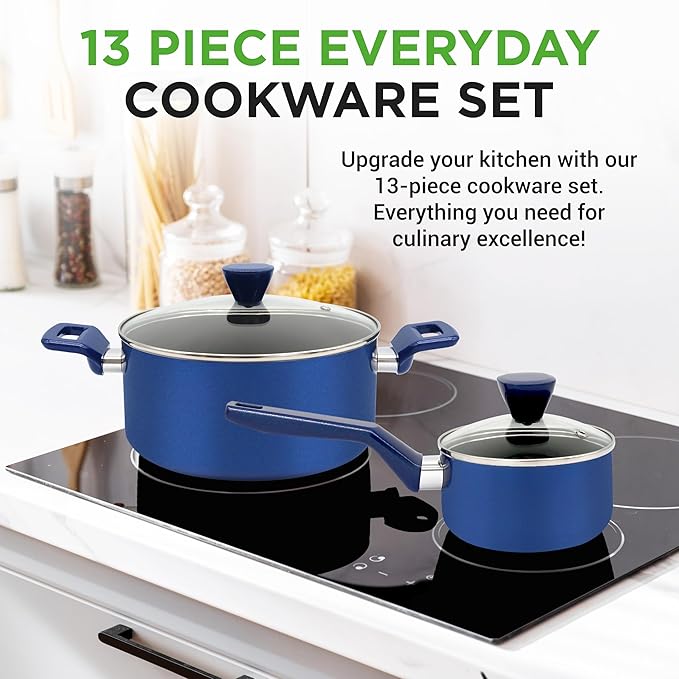 NutriChef 13-Pc Royal Blue Cookware Set - Nonstick Pots & Pans with See-Through Lids, Even Heat Distribution, Cool-Touch Handles, Utensils Included - NCCWA13BU