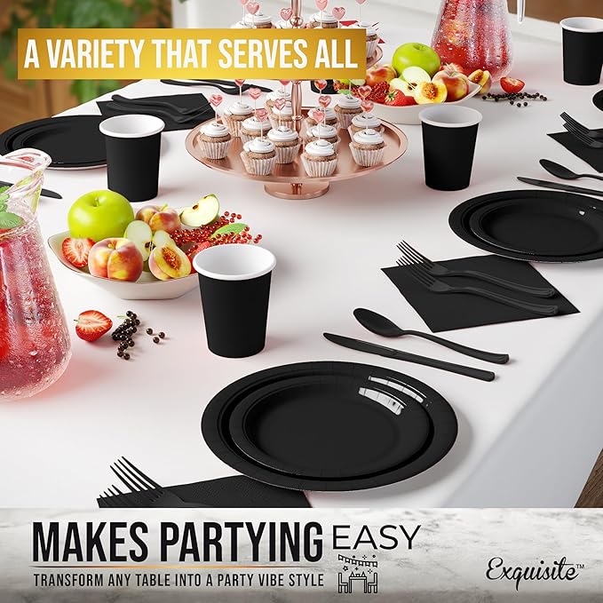 Exquisite 350 Pcs Black Paper Plates For Party, Black Disposable Plates Set, 50 Of Each 9" Dinner Plate Set, 7" Dessert Plate, Cups, Napkins & Cutlery Paper Dinnerware