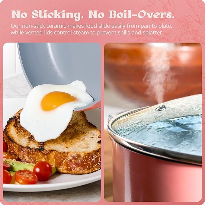Premium Non-Toxic Ceramic Cookware Set ??Triple-Layer Nonstick 12 Piece Pots and Pans with Lids, PFAS-Free, Oven Safe for Healthy Meals, Space-Saving Design, Coral Pink Color | Greater Goods