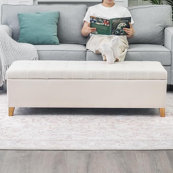 DECO DE VILLE Ottoman with Storage, 51 Inch End of Bed Storage Ottoman Bench, Linen Fabric Upholstered Ottomans with Hinged Lid, Rectangle Long Foot Rest Bench for Entryway Living Room Bedroom White