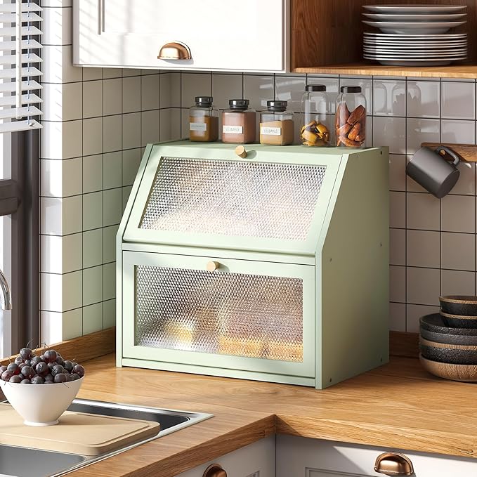 Bread Box for Kitchen Countertop Bin Double Layer Bread Box Storage Container Extra Large Capacity Farmhouse with Diamond Pattern Windows (Green, Extra Large)