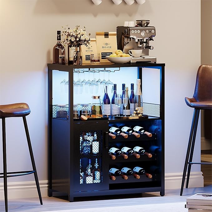 Vintage Industrial Wine Bar Cabinet with Adjustable Wine Racks and Glass Holders, Mesh Door Sideboard Storage Cabinet for Living Room, Kitchen, Dining Room, Compact Design, Black with Light