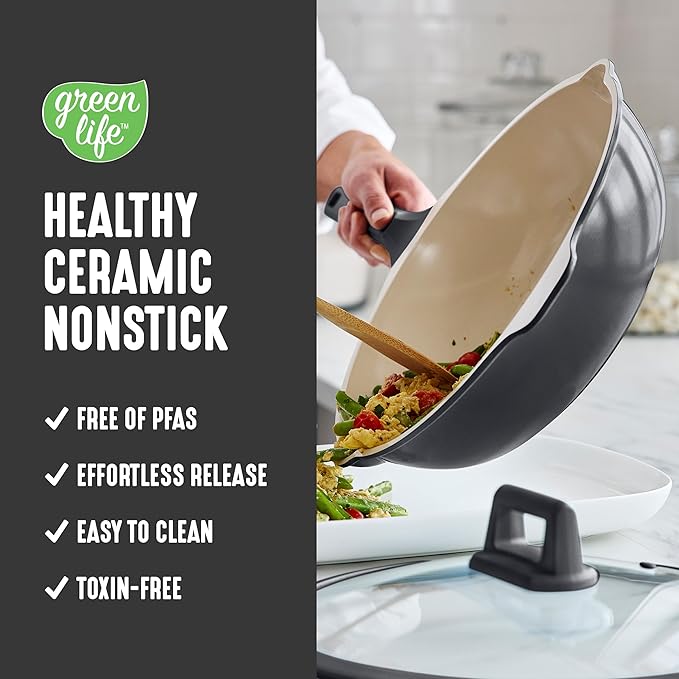 GreenLife Nonstick 12??(5QT) All in One Deep Skillet Wok with Lid, PFAS-Free Non-Toxic Ceramic Multi-Purpose Pan, Induction, All Stovetop, Egg, Stir Fry, Saute, Stay Cool Handle, Graphite