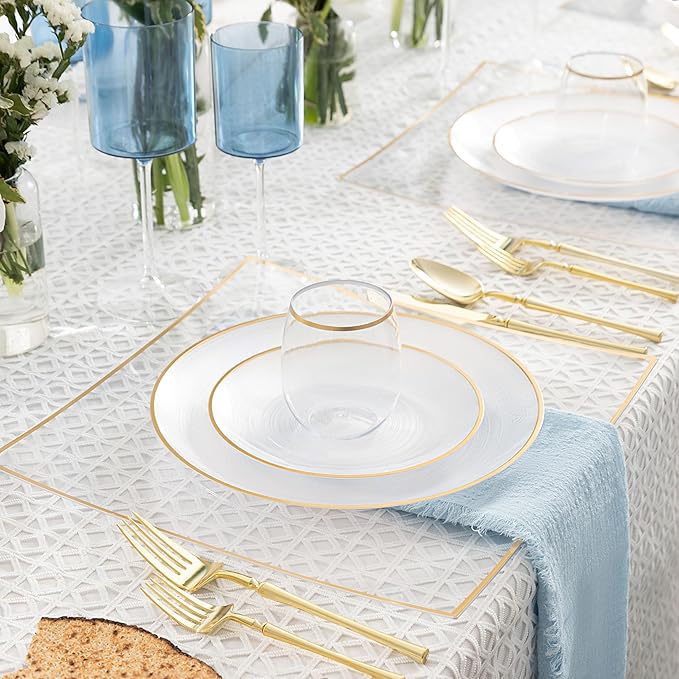PLASTICPRO 32 Pieces Crystal Design Plastic Plates Combo Pack 7 inch and 10 inch Gold Rim Elegant Disposable Plates, Pearl White