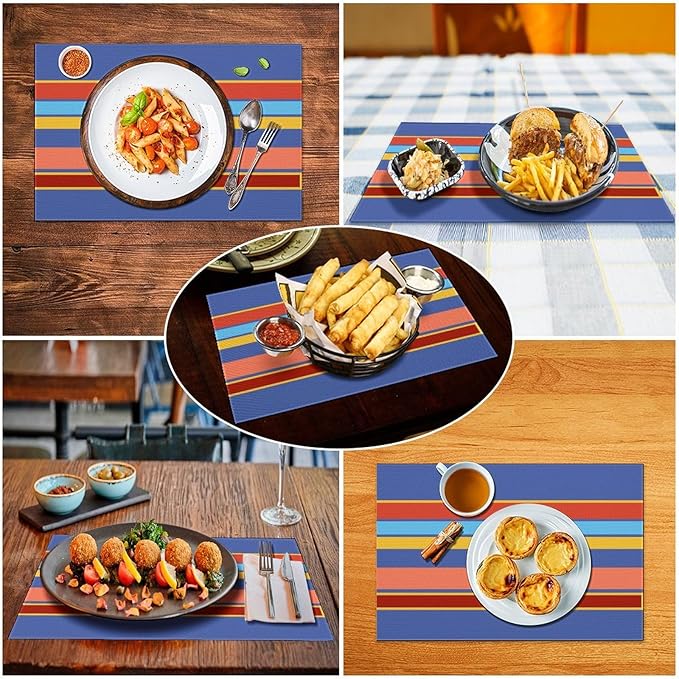 Modern Orange Blue Yellow Coral Stripes Placemat, Set of 4 Heat Resistant PVC Place Mats for Kitchen Table