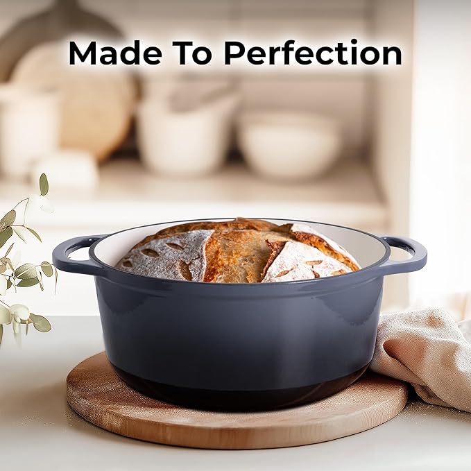 Zulay Kitchen 5 Quart Enameled Cast Iron Dutch Oven Pot with Lid ??Premium Durability & Oven Safe up to 500째F ??Heavy Duty Cookware Perfect for Bread Baking, Stews, Braising & Roasting ??Gray