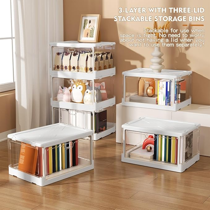 Clear Storage Bin with Lid 3 Pack ?륲tackable & Sturdy??Plastic Multifunctional Folding Storage Bins for Bedroom, Living Room, Study,Room, 23 QT Folding Box with Magnetic Door