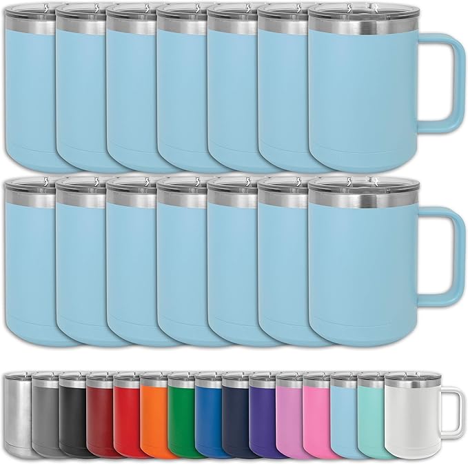 Clear Water Home Goods - (Bulk Pack of 12-15 oz Double Wall Coffee Mug with Lid and Handle, Double Insulated Stainless Steel Travel Tumbler Cup - Powder Coated - Light Blue