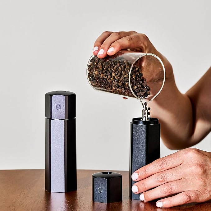 HexClad HexMill Tabletop Salt and Pepper Grinder Set with Stand, 10 Adjustable Grind Settings, High-Efficiency Burr, Solid Milled Aluminum Build, Easy-Fill Cap, Convenient 5.25" Size for Tabletop Use