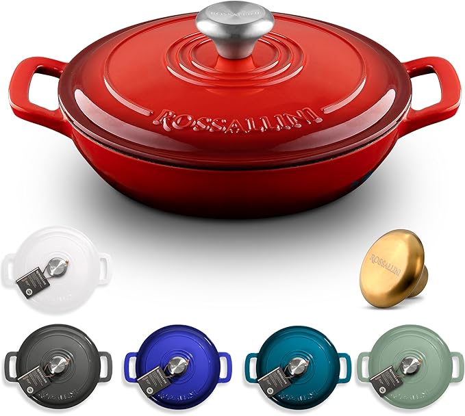Signature Enameled Cast Iron Braiser, Non-Stick Serving Pot with Tight Fitting Lid for Perfect Roasting, Baking, Sauteing, Searing, and Pan Frying | 2.25Q (2.1L) - Red