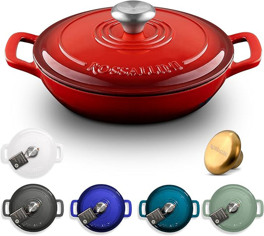 Signature Enameled Cast Iron Braiser, Non-Stick Serving Pot with Tight Fitting Lid for Perfect Roasting, Baking, Sauteing, Searing, and Pan Frying | 3.5Q (3.3L) - Red