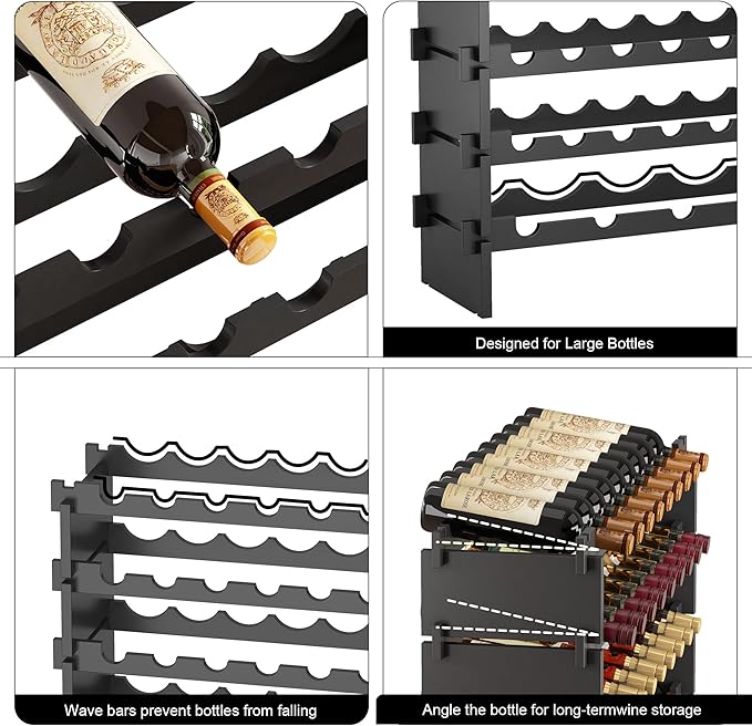 Wine Rack Freestanding Floor Bamboo Stackable Wine Storage Racks Wall Mounted, Modular Wine Bottle Stand Holder Display Shelf for Cabinet, Kitchen, Bar (Black)