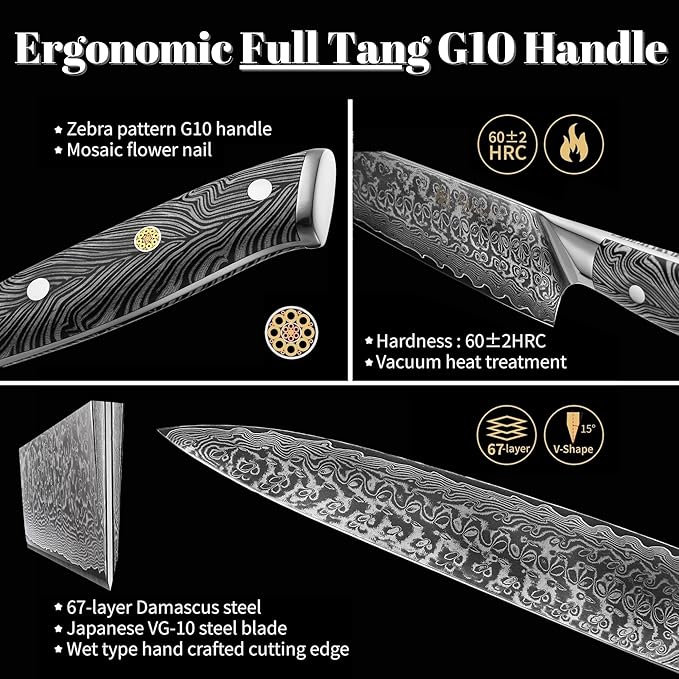Wakoli Noir Blanc Damascus Knife Block Set ??5-Piece Professional Chef Knife Collection with Magnetic Block ??Kitchen Knives made of 67-Layer Damascus Steel Blades & Ergonomic G10 Handles in Gift Box
