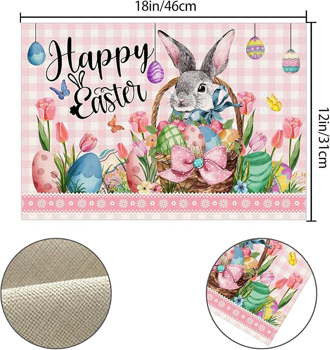 Pinata Easter Placemats Set of 6, Easter Placemats 12x18 Inch for Dining Table, Bunny Pattern Place Mats, Farmhouse Rustic Table Decor
