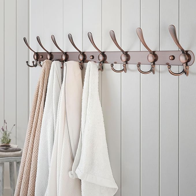 Dseap Coat Rack Wall Mount - 29.5??Long 8-Tri-Hooks Heavy Duty Coat Hanger Rail Wall Hooks for Hanging Coats Hats Clothing Clothes Purse Mudroom Entryway, Red Antique Copper